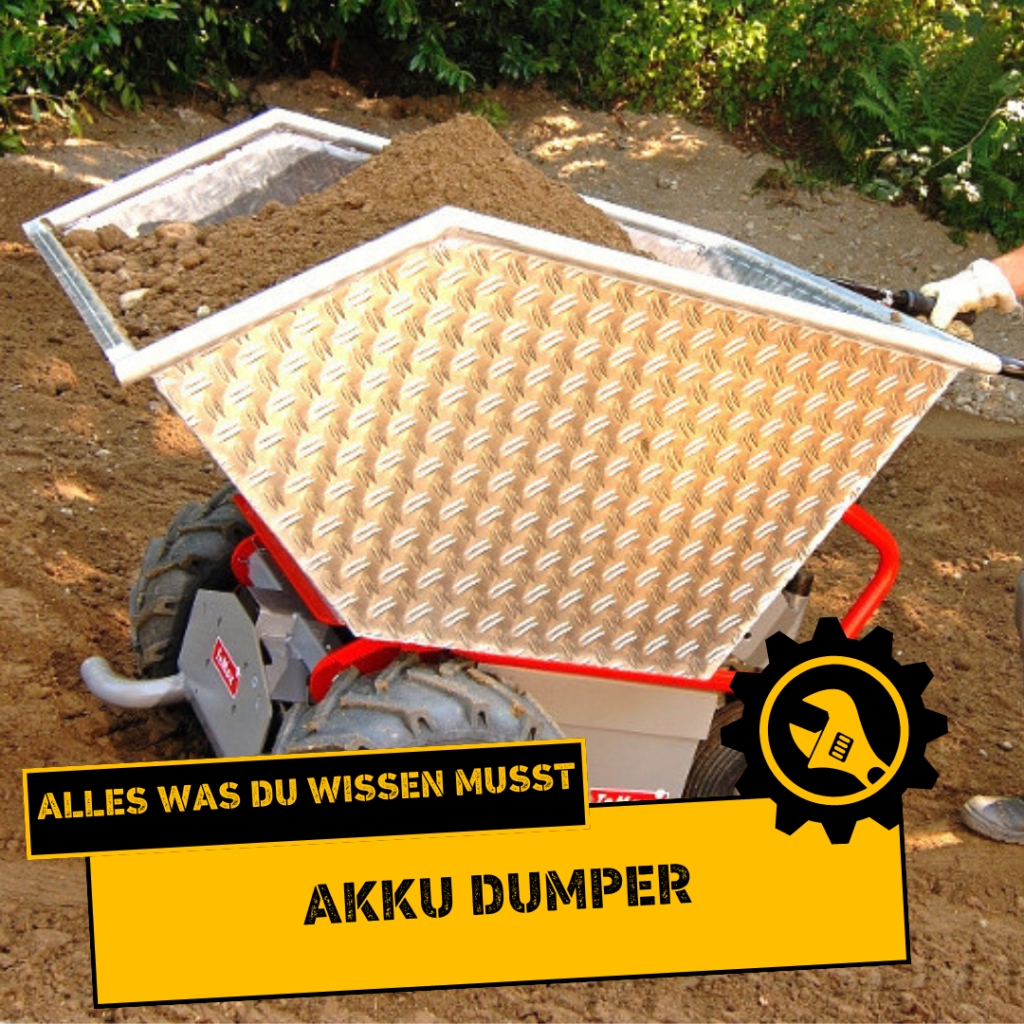 Akku-Dumper gefüllt mit Erde und wird von einem Menschen geschoben.