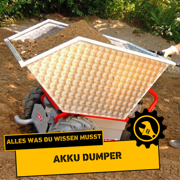 Akku-Dumper gefüllt mit Erde und wird von einem Menschen geschoben.