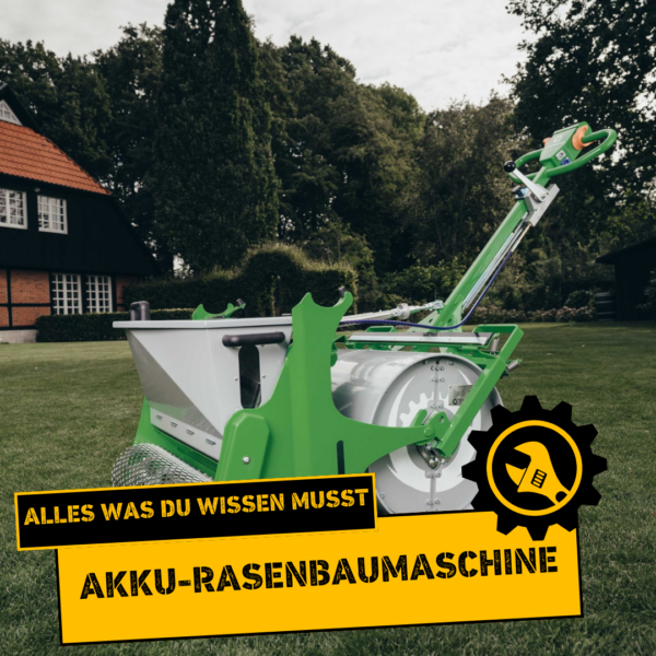 Produktfoto einer Akku-Rasenbaumaschine stehend auf grünem Rasen.