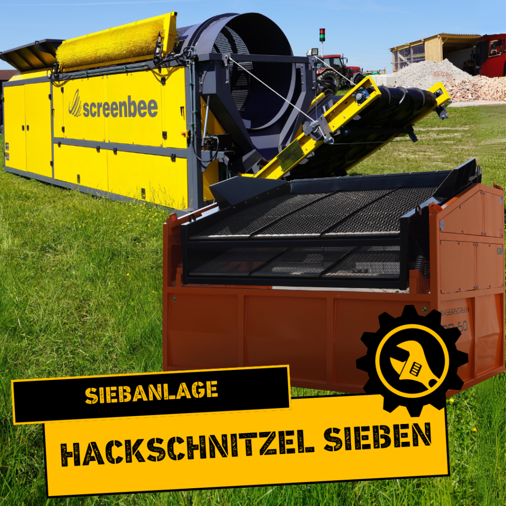 Foto-Collage mit trommelsiebanlage und rüttelsiebanlage. Mit der Beschriftung "Hackschnitzel sieben".
