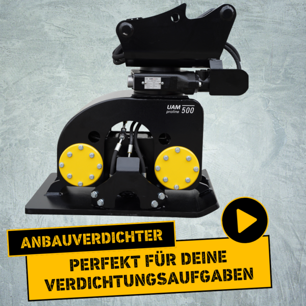 Anbauverdichter für einen Bagger mit dem Text "Perfekt für deine Verdichtungsaufgaben"