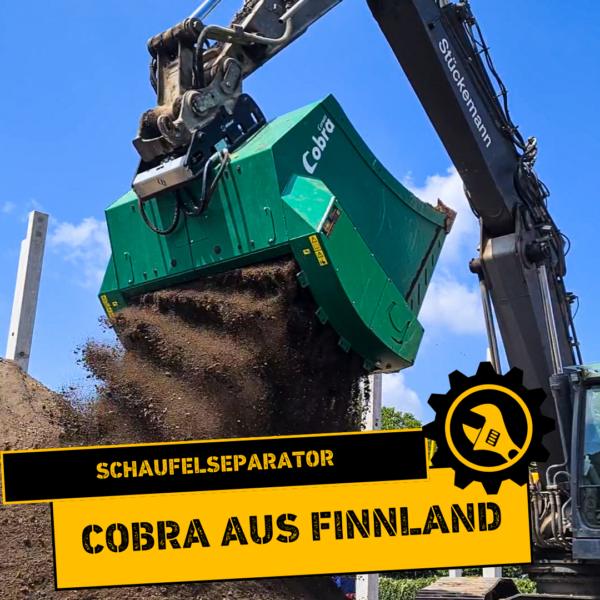 Cobra Schaufelseparator während des Siebens von Humus Erde. Mit dem Schriftzug "Cobra aus Finnland"